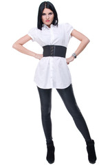 Portrait of beautiful fashion woman in black and white suit