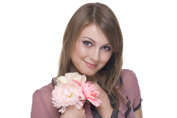 Close up portrait of young beautiful woman with flower