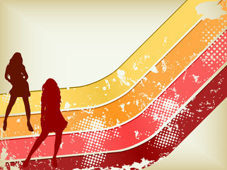 Retro  Grunge Background with two girls silhouettes.