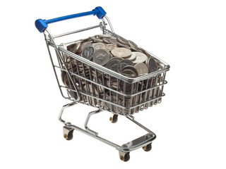 Shopping cart filled with British silver coins