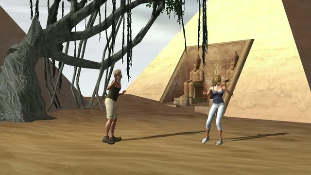 Mann und Frau tanzen vor einer Pyramide