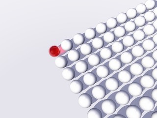 Conceptual crowd of spheres with one red glass sphere