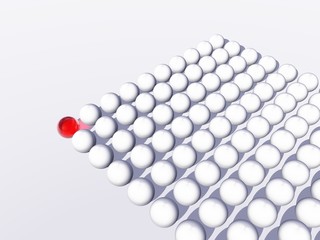 Conceptual crowd of spheres with one red glass sphere