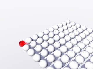 Conceptual crowd of spheres with one red glass sphere