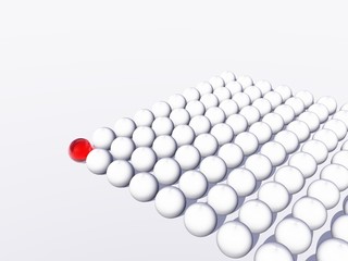 Conceptual crowd of spheres with one red glass sphere