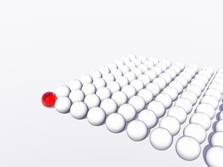 Conceptual crowd of spheres with one red glass sphere