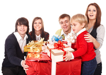 Happy family with red gift box. Isolated.