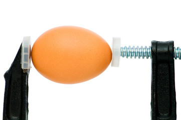 Strength concept with egg and clamp on white
