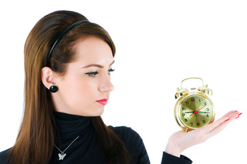 Woman with clock isolated on the white