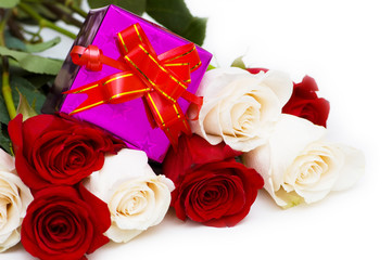 Giftbox and roses isolated on the white