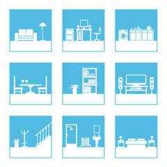 Clipart set of blue and white square vector room icons isolated on white