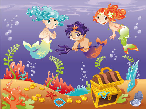Baby Sirens and Baby Triton. Vector illustration.