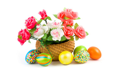 Roses in a basket and Easter eggs