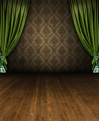 grungy vintage interior scene with curtain stage open