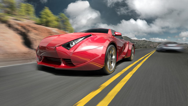 Red Sports Car On The Road