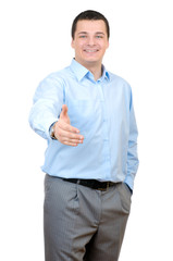 businessman saying welcome isolated on white