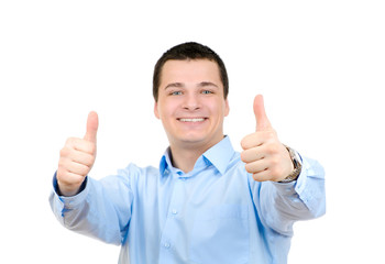 Businessman thumbs up isolated on white background