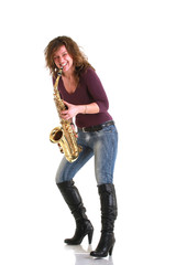 Naklejka premium smiling girl with sax