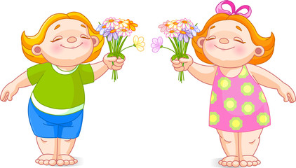 Two babies with bouquets