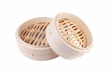 Bamboo steamer over white background
