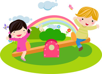 boy and girl playing seesaw