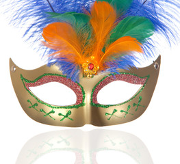 Beautiful golden carnival mask with feathers