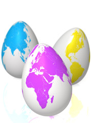 3 colourful easter eggs with maps of the world