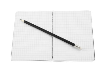 Black pencil and blank note pad isolated on white