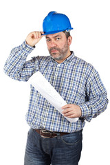 Construction worker holding blueprints