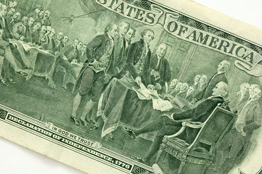 Signing Of The United States Declaration Of Independence. Back Of A Two Dollar Bill. 