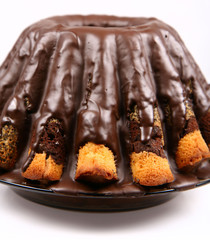 Bundt Cake covered with chocolate on white background