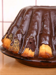 Bundt Cake covered with chocolate on a kitchen counter