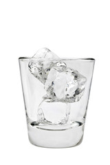 Empty glass tumbler with ice cubes on a white background