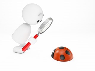 a cute3D guy watches a ladybug (3D happyman isolated series)