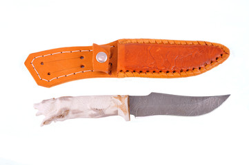 Damask hunting knife with bone handle and sheath