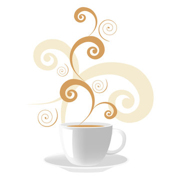 Vector illustration of cup of coffee with swirls on the top.