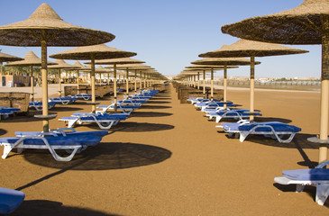 Beach on a sunny day. Hurghada city in Egypt.