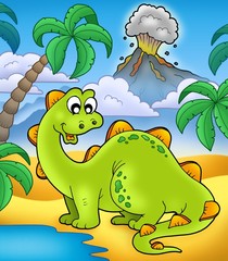 Fototapeta premium Cute dinosaur with volcano