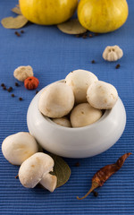 Mushrooms in the ceramic basket with pepper and herbs