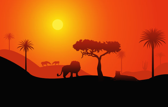 African savanna landscape  with lions and palms