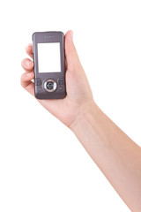 Hand holding mobile phone isolated on white