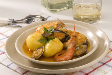 Spanish cuisine. Seafood stew, Costa Brava style. - obrazy, fototapety, plakaty