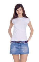 Fototapeta premium Lovely brunette in denim skirt