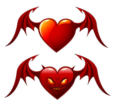 Two red hearts with wings - Good and Evil - isolated on white
