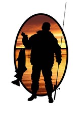 fisherman with a fish on a sunrise background