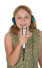 young girl singing isolated on white
