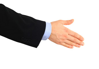 Business man giving a hand shake on white background