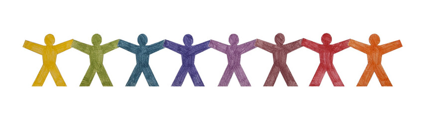 Colourful people standing in a row with clipping path