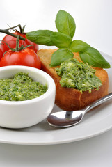 baguette as a snack with homemade fresh pesto