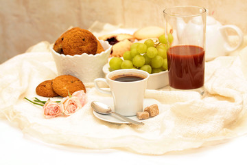 healthy breakfast: coffee, cane sugar, cherry juice, grapes and